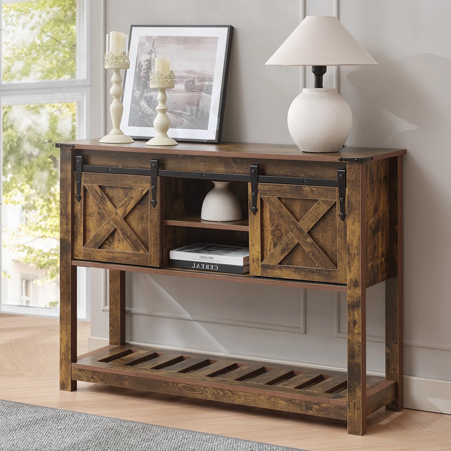 Farmhouse Living Room Table Set of 3, 2 Rustic End Table with Charging Station and 1 Sofa Table with Large Hidden Storage, Farmhouse Sofa Table Set for Living Room, Office, Blue