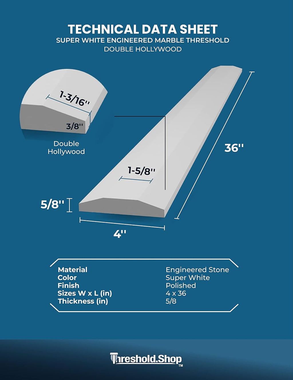 Double Hollywood Engineered Marble Threshold for Floor Transition (Super White, 4' x 36')