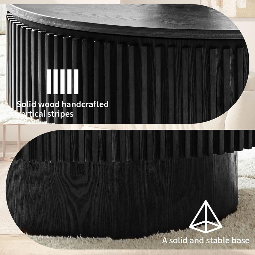 Round Coffee Table for Living Room,Fluted Drum Accent Tea Center Table with Storage,Circle Modern Coffee Tables for Small Space Office Apartment (31.5' L×31.5''W×14''H-Black)
