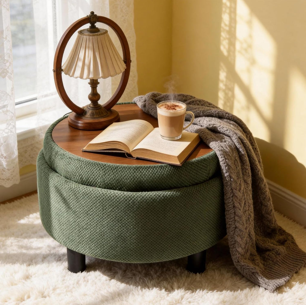 Round Storage Ottoman with Reversible Tray Lid, 25' Upholstered Button Tufted Coffee Table with Storage Foot Rest Stool for Living Room, Bedroom, Entryway, Green