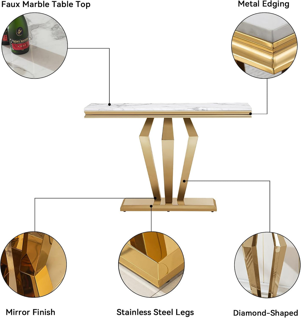 3 Pieces Living Room Table Set, Faux Marble Coffee Table Set of 3, Modern Coffee Table, Console Table and End Table with Diamond-Shaped Stainless Steel Base for Living Room (White Gold)