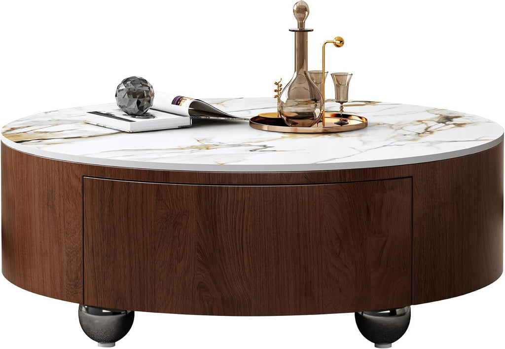 35.4'' Sintered Stone Round Coffee Table with 2 Drawer Storage Space, Modern Wood Circle Drum Coffee Table for Living Room, Stainless Legs, Brown & White
