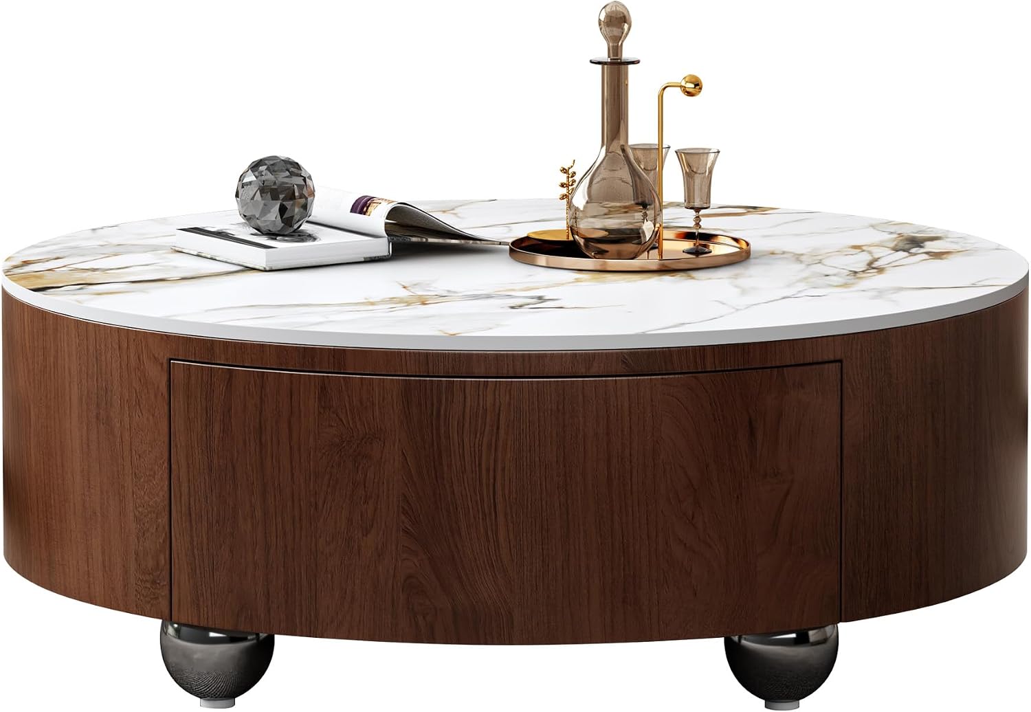 35.4'' Sintered Stone Round Coffee Table with 2 Drawer Storage Space, Modern Wood Circle Drum Coffee Table for Living Room, Stainless Legs, Brown & White