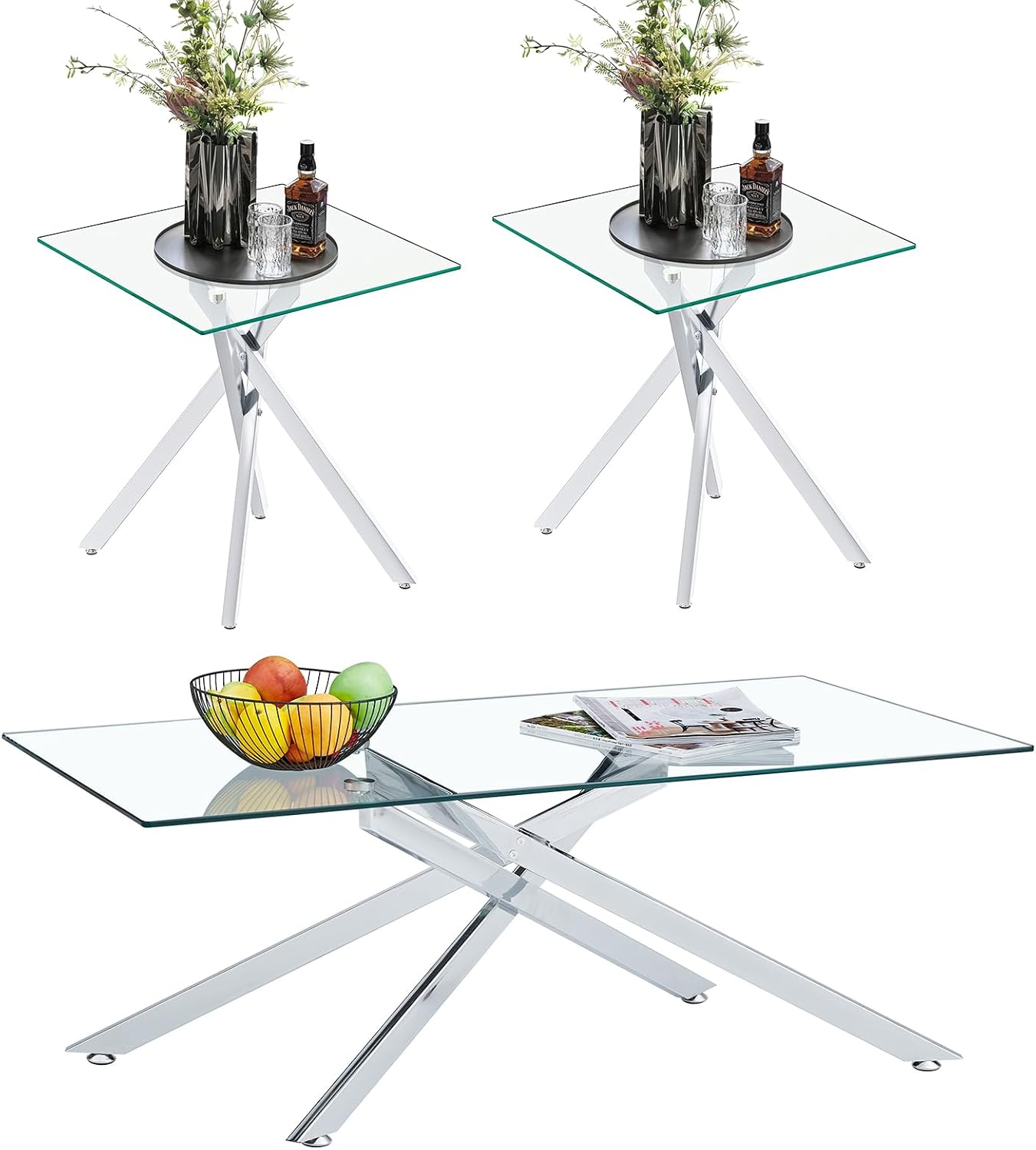 Glass Coffee Table Set of 3, Modern Glass Coffee Table with 2 Square Side Tables,3 Piece Living Room Table Set with Clear Tempered Glass Tabletop & Silver Metal Legs for Apartment Home Office
