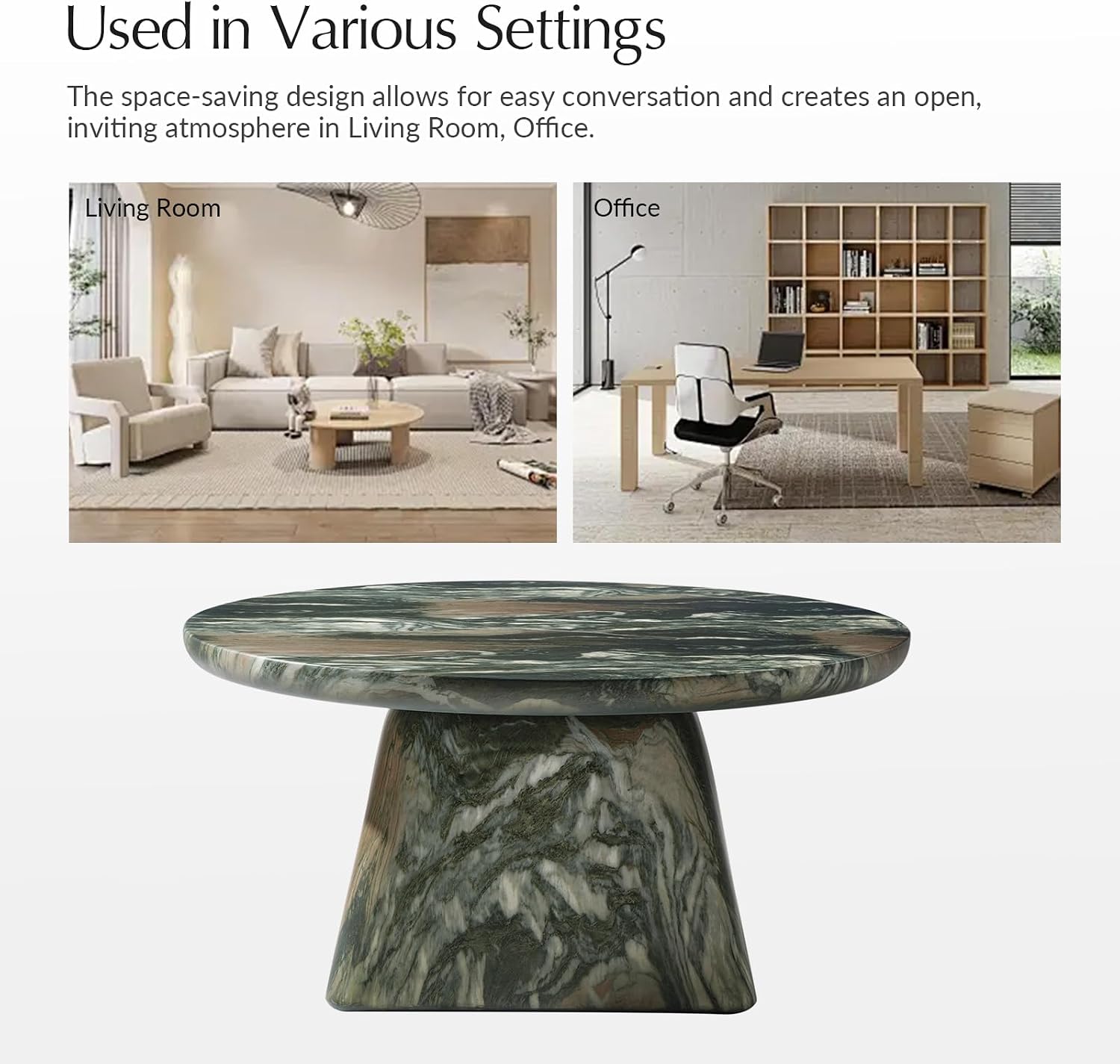 HULALA HOME Modern 31.88' Round Coffee Table with Stone-Look Finish and Sculpted Pedestal Base, Stylish Living Room Center Table(Green)