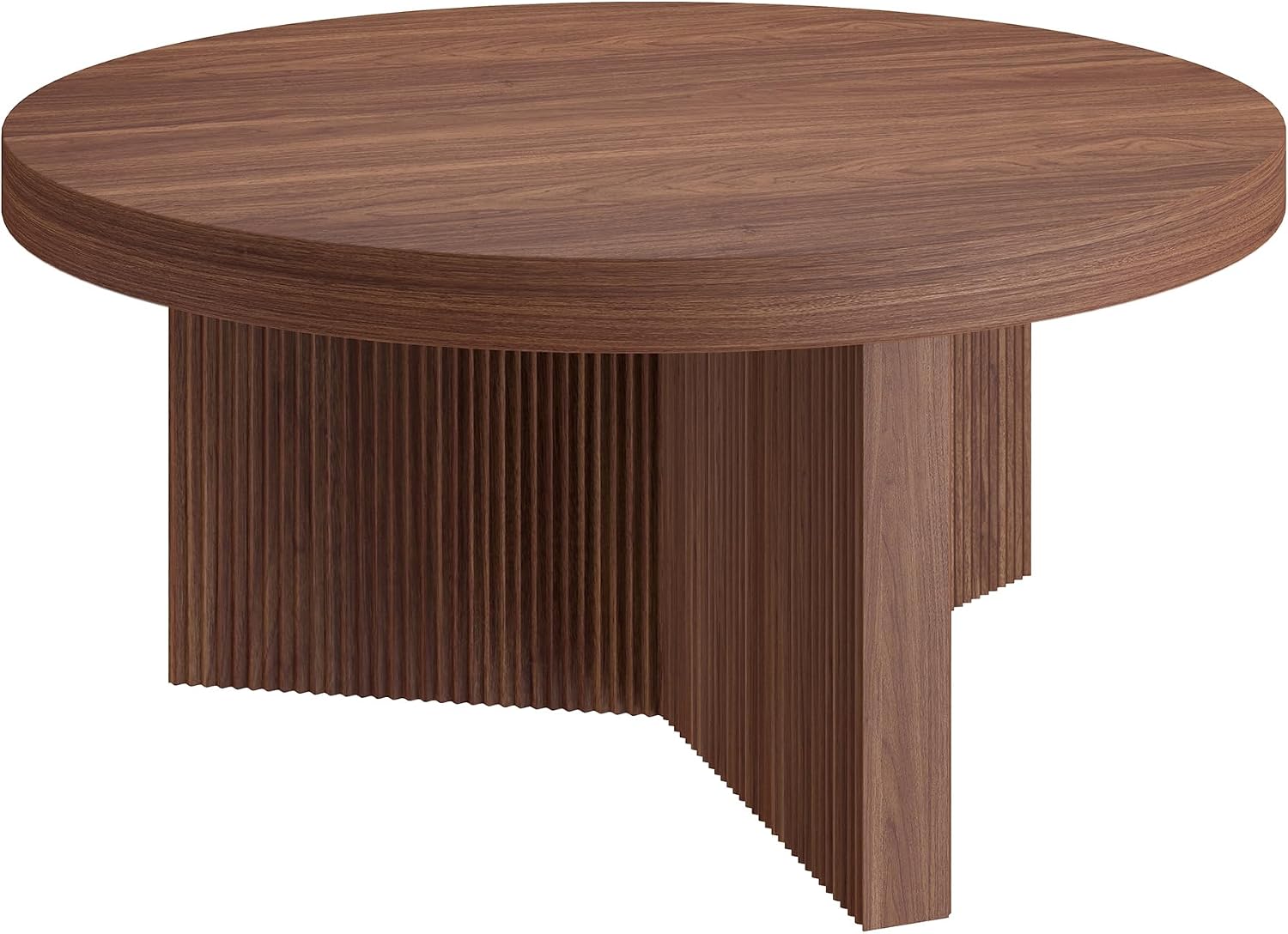 Henn&Hart 32' Fluted Round Low-Profile Coffee Table with Ribbed Pedestal Base Living Room, Family Room, Office, or Apartment, Medium Walnut