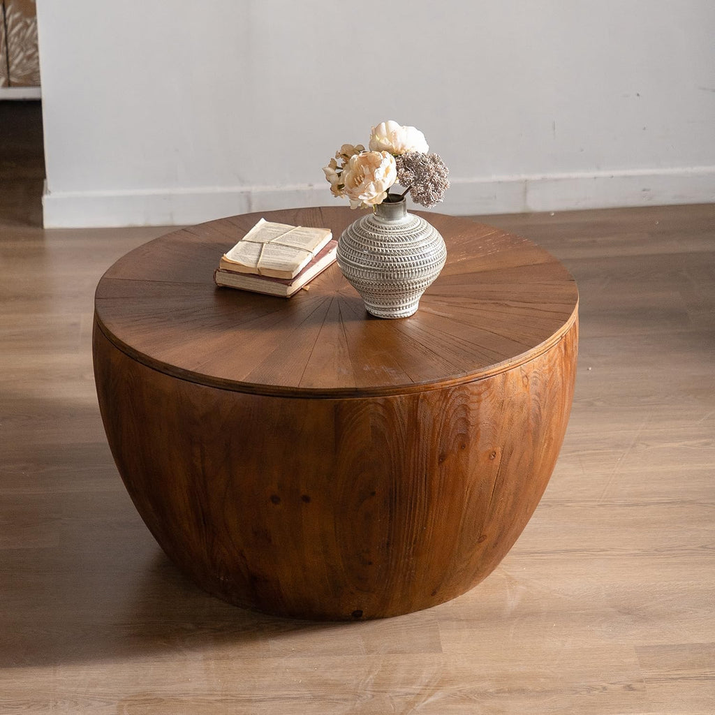 31.5'' Round Wood Coffee Table with Storage for Living Room, Modern Vintage Farmhouse Bucket Shaped Drum Coffee Table for Living Room Apartment Bedroom (Brown, ø31.5'' x 17.7'')