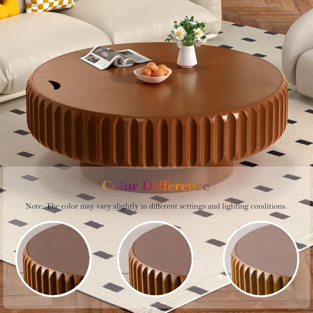 39.37' Drum Storage Coffee Table - Handcraft Solid Wood Edge Stripe Modern Chic Fluted Tea Table with with Storage for Small Space Apartment (D 39.37in)
