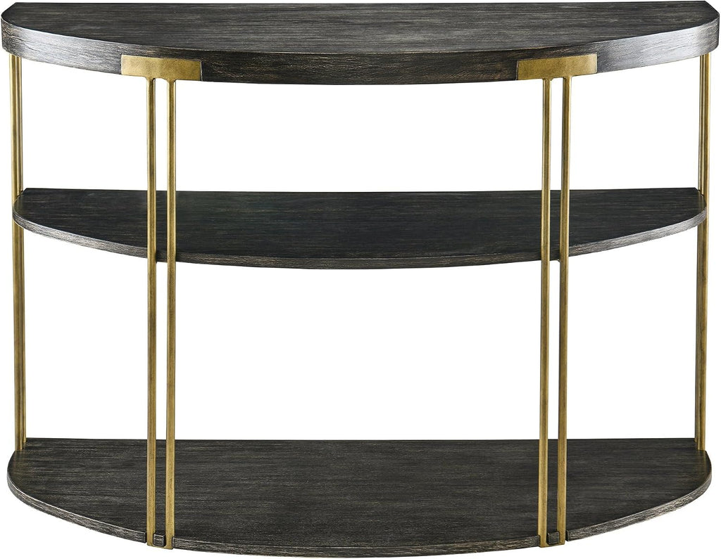Biaco Black Modern Console Table for Entryway, 3-Tier Half Moon Industrial Wall Table, Hallway Half Circle Accent Wood Entry Table, Vintage Retro Design, Birch Veneer Textured Top & Gold Metal Legs