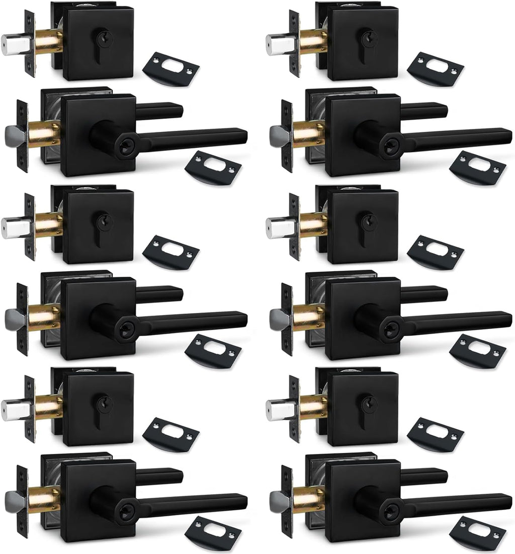 NEWBANG (6Pack Square Heavy Duty Keyed Entry Combo with deadbolt and Lever Door Handle in Matte Black (for Entrance/Exterior/Front/Office Door) Left or Right Handed