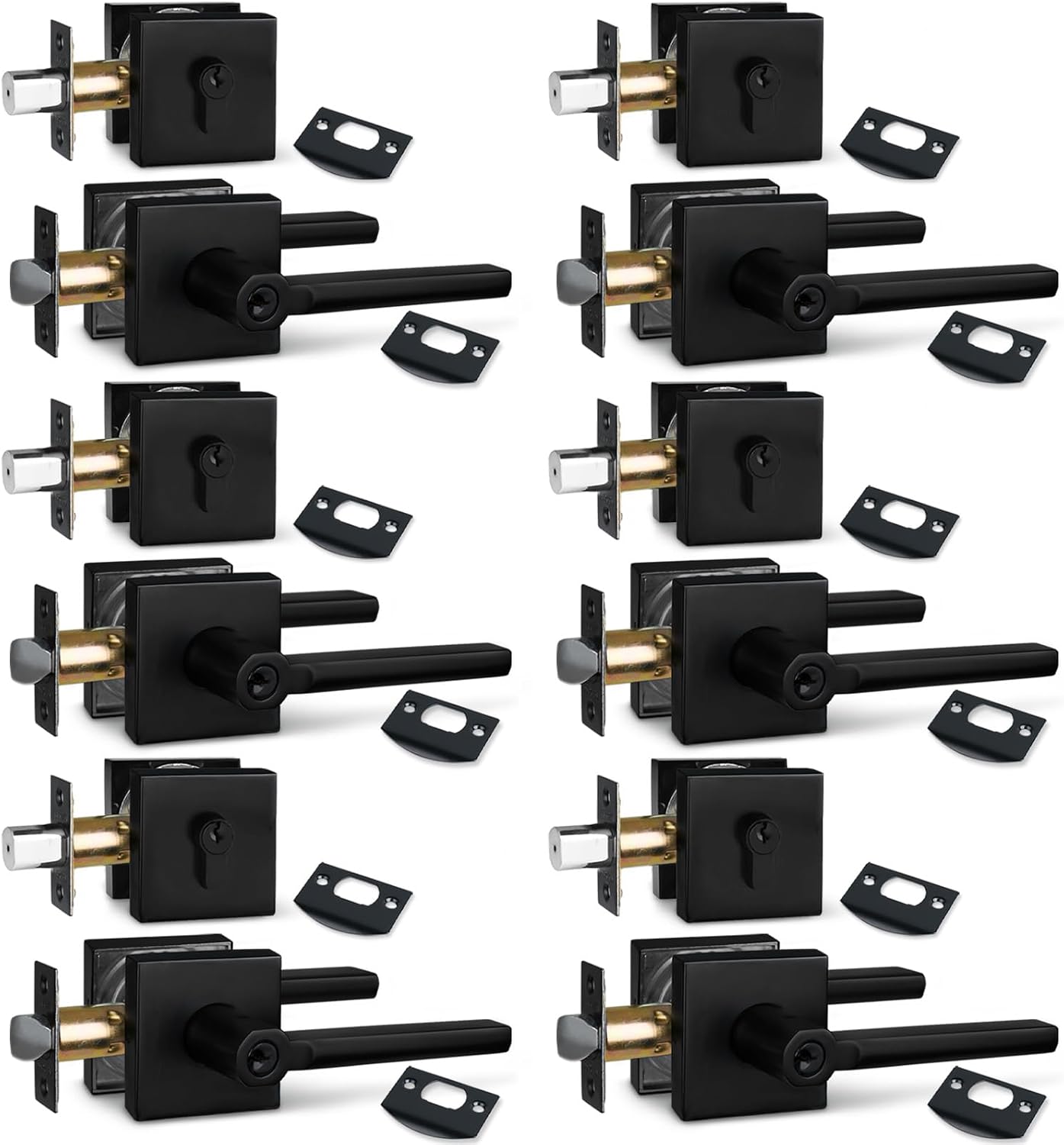 NEWBANG (6Pack Square Heavy Duty Keyed Entry Combo with deadbolt and Lever Door Handle in Matte Black (for Entrance/Exterior/Front/Office Door) Left or Right Handed