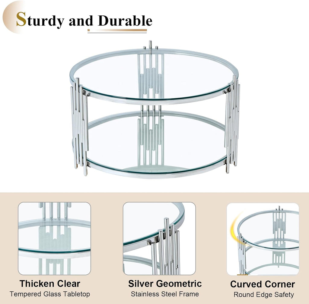 Round Glass Coffee Table with Storage, Luxury 2-Tier Living Room Center Table w/Silver Stainless Steel Frame, Modern 31.5' Circle Glass Coffee Cocktail Tea Table for Home Office