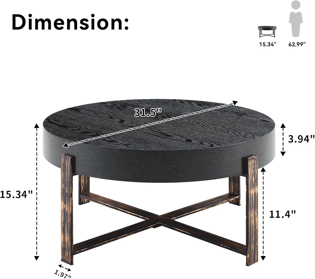 Round Coffee Table, Small Wood Coffee Table with Storage, Modern Mid Century Metal Circle Tables Accent Center Tables for Living Room Apartment Small Space (31.5''D-Black)