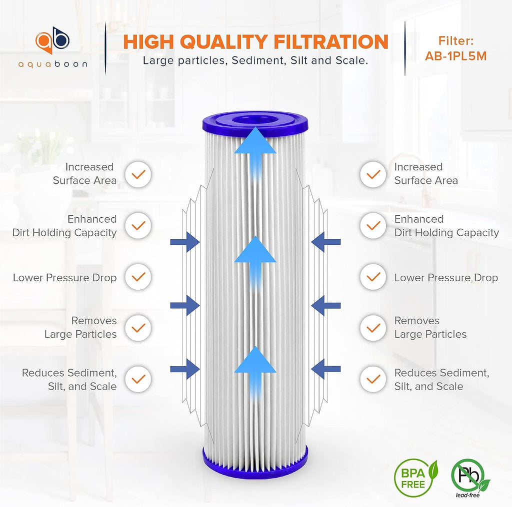Aquaboon 5 Micron 10x2.5 Whole House Pleated Sediment Filter Cartridge for Well Water Filter Replacement Compatible with WFPFC3002, WHKF-WHPL, 25-Pack