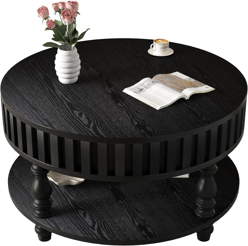 31.49'' Round Coffee Table with Storage Space, 2-Tier Modern Rustic Wood Circle Fluted Coffee Table for Living Room, Moveable Table Top & Easy Assembly, Black