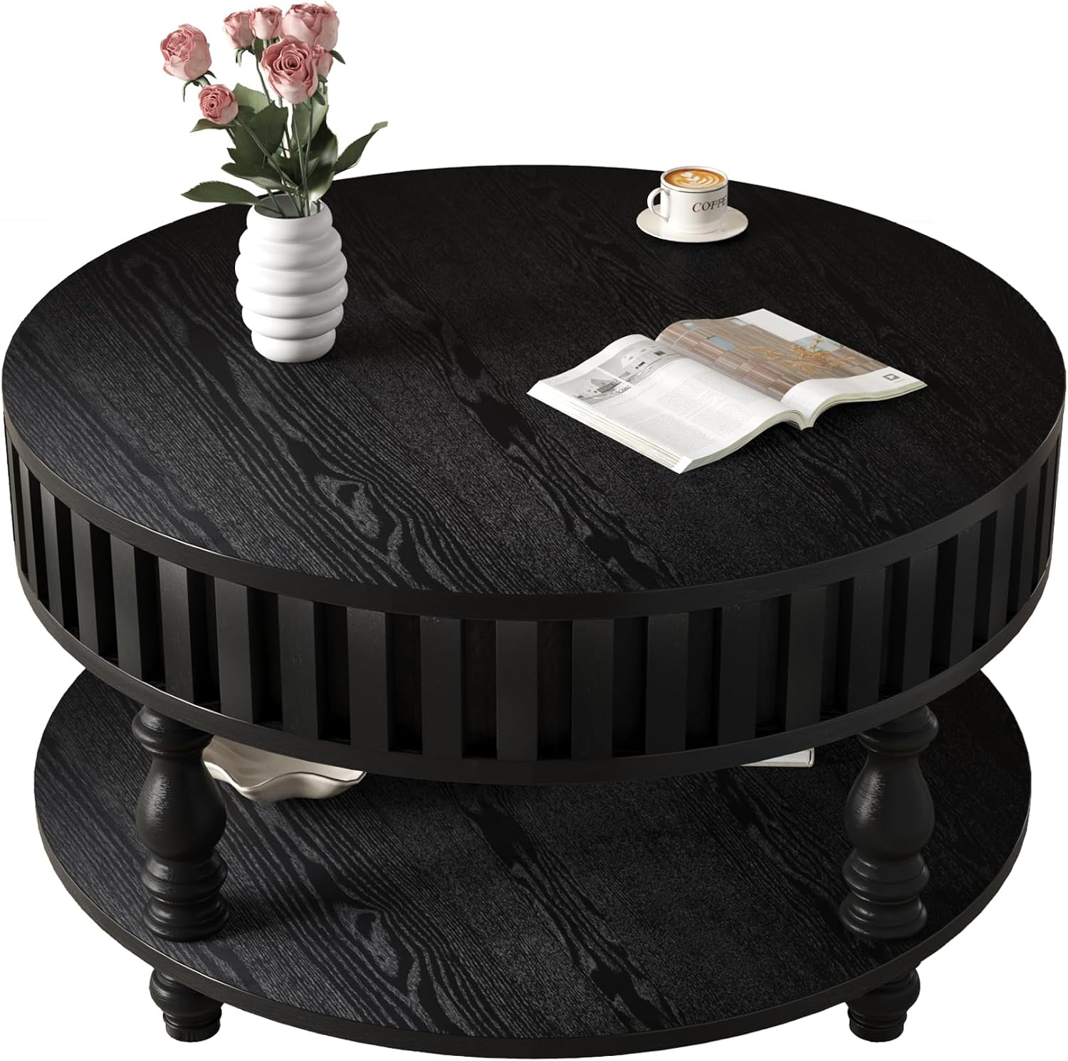 31.49'' Round Coffee Table with Storage Space, 2-Tier Modern Rustic Wood Circle Fluted Coffee Table for Living Room, Moveable Table Top & Easy Assembly, Black