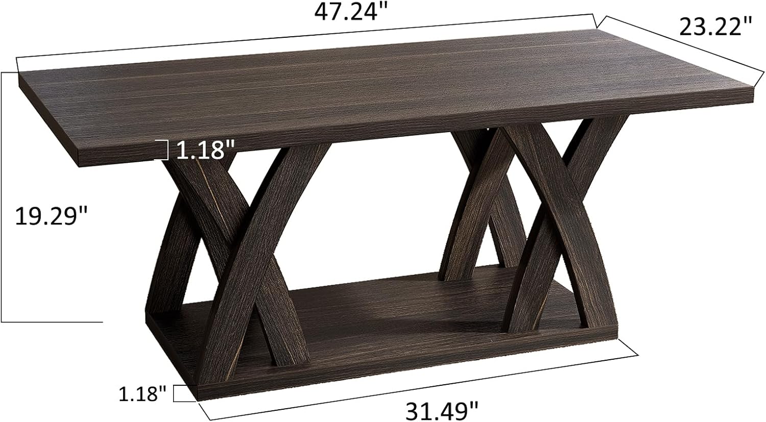 FROMJBEST Farmhouse Coffee Table with Shelf, Wood Coffee Table for Living Room, Open Display Area,47' Dark Brown