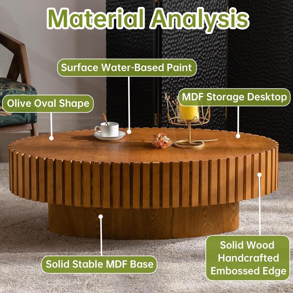 Oval Fluted Coffee Table Drum Coffee Tables for Living Room Modern Pedestal Center Table (Oval Wood 43.3in)