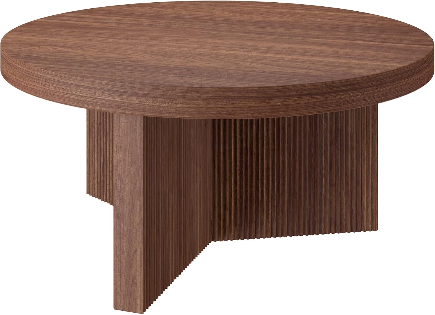 Henn&Hart 32' Fluted Round Low-Profile Coffee Table with Ribbed Pedestal Base Living Room, Family Room, Office, or Apartment, Medium Walnut