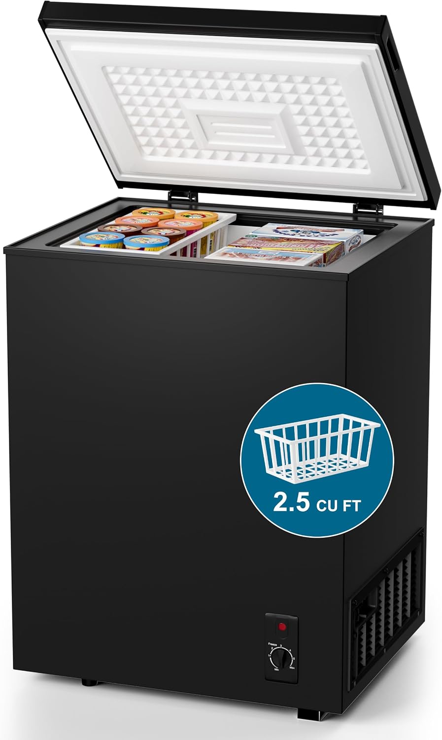 2.5 Cu.Ft Chest Freezer with Removable Basket - Small Deep Freezer w/6 Temp and Energy Efficient Quiet - Manual Defrost, Space Saving Design for Dorm, Office, Apartment, Bar, Black