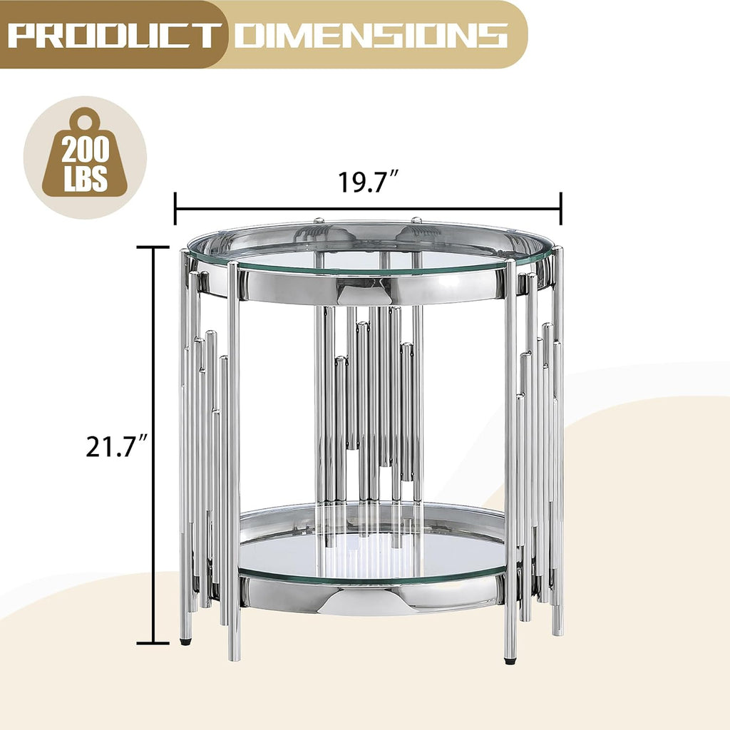 Round Glass End Table, 19' Modern 2-Tier Side Table with Clear Tempered Glass Top and Silver Stainless Steel Base for Living Room or Bedroom