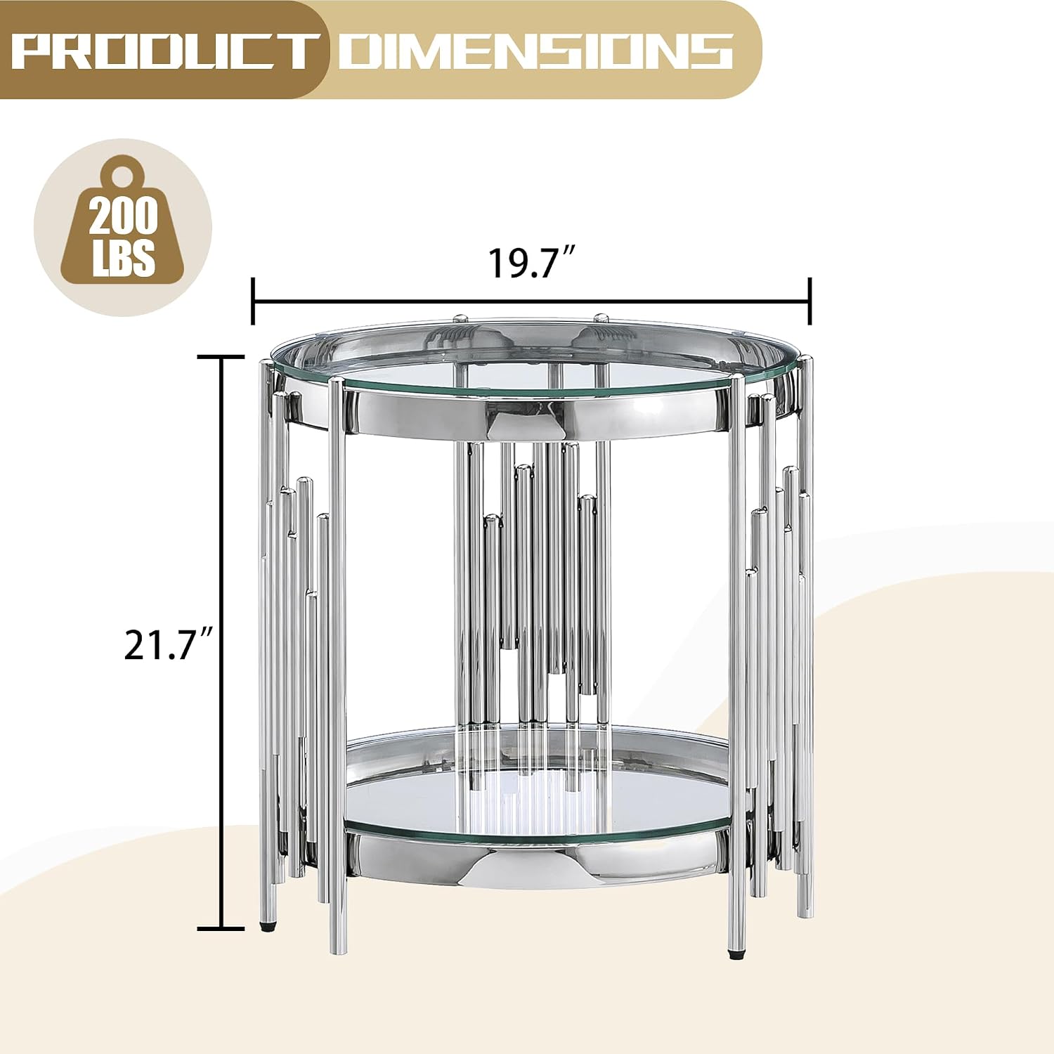 Round Glass End Table, 19' Modern 2-Tier Side Table with Clear Tempered Glass Top and Silver Stainless Steel Base for Living Room or Bedroom