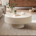 Round Fluted Coffee Table Rustic Circular Pedestal Center Table with Round Thicken Tabletop & Sturdy Base for Living Room Reception Room Study Farmhouse (Lvory White Thicken 30.71in)