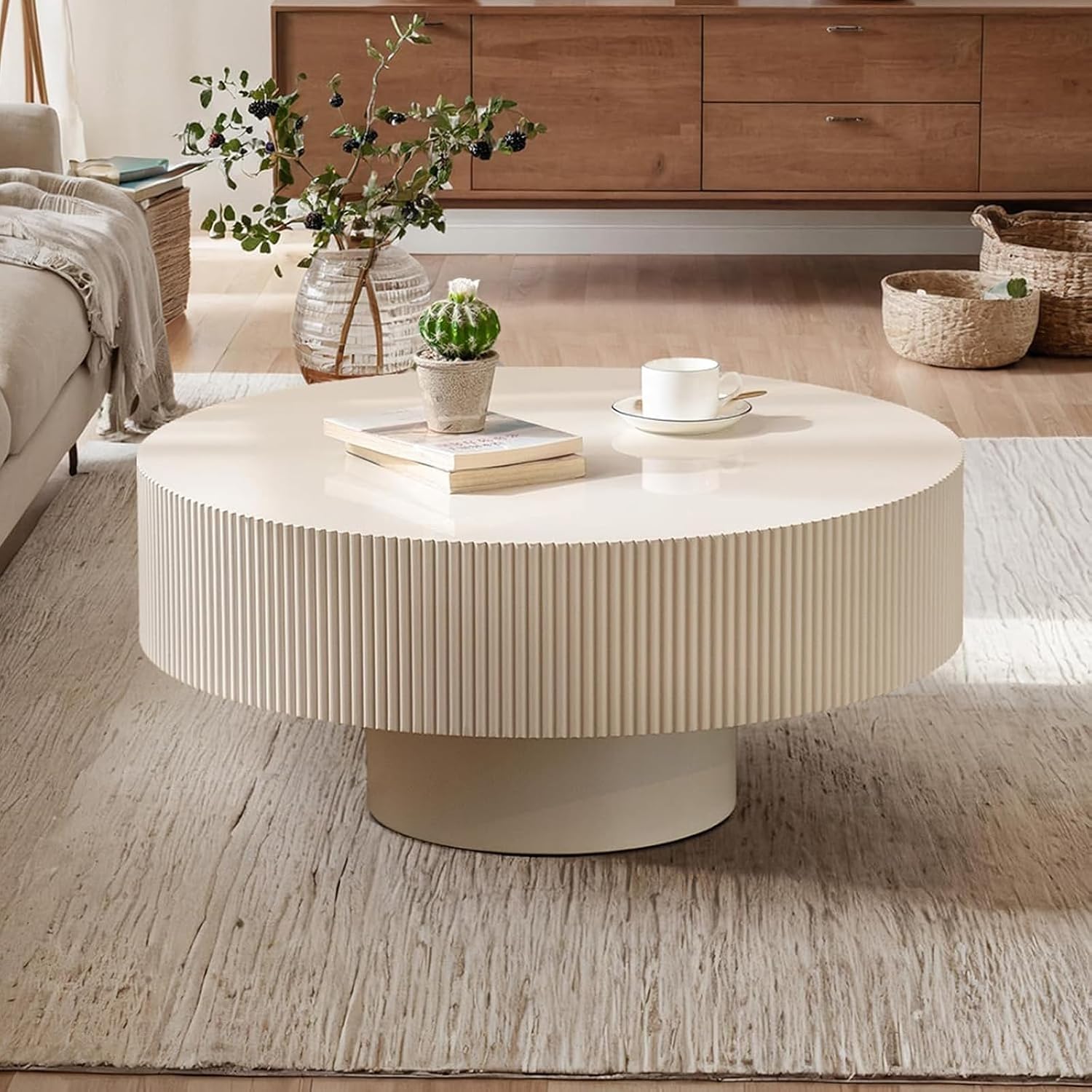Round Fluted Coffee Table Rustic Circular Pedestal Center Table with Round Thicken Tabletop & Sturdy Base for Living Room Reception Room Study Farmhouse (Lvory White Thicken 30.71in)