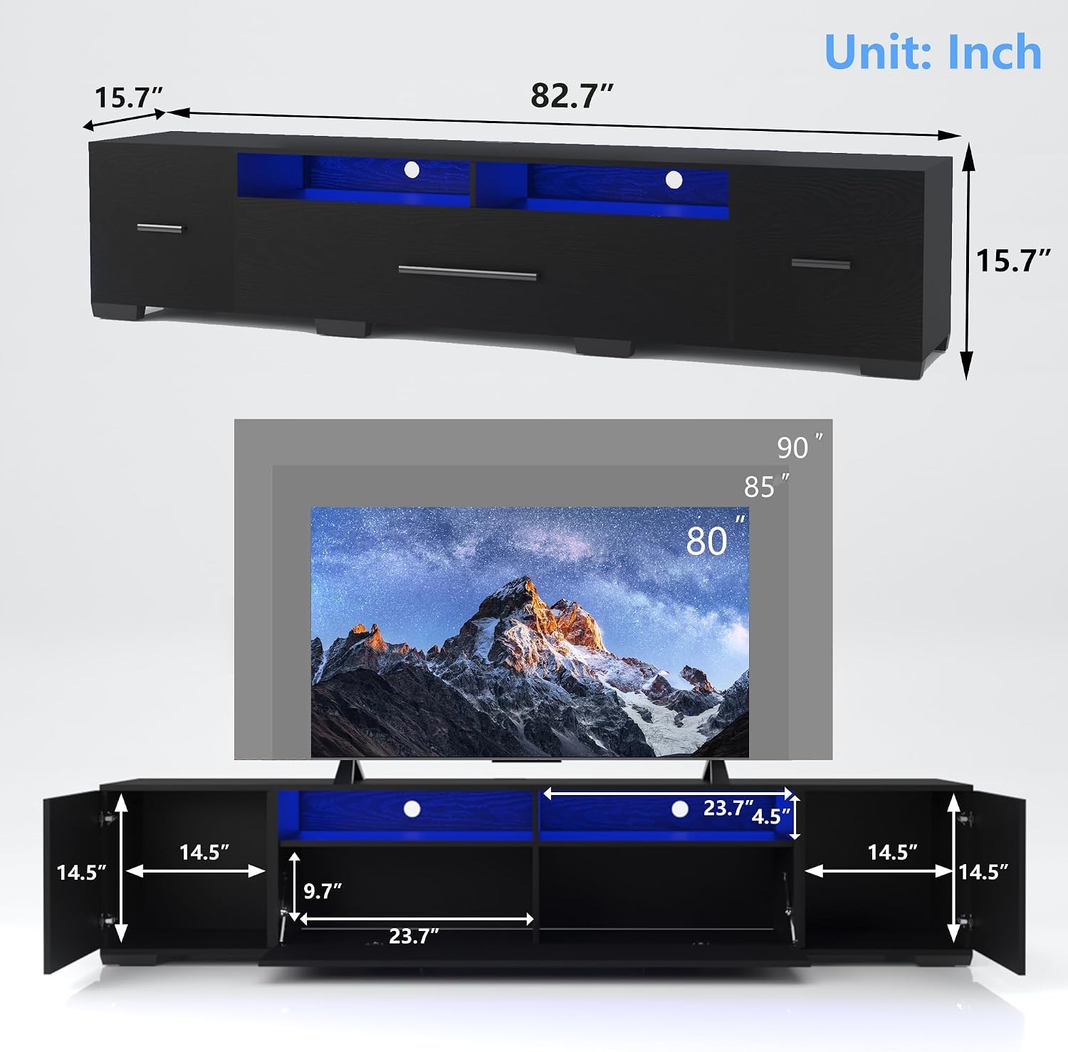 BAMACAR Black TV Stand For 90 Inch TV, Long Entertainment Center For 80 85 85+ 90 Inch TV Stand With Storage, Black TV Console 90 86 85+ 85 80 Inch TV Stands For Living Room, TV Stand 90 Inch TV Table