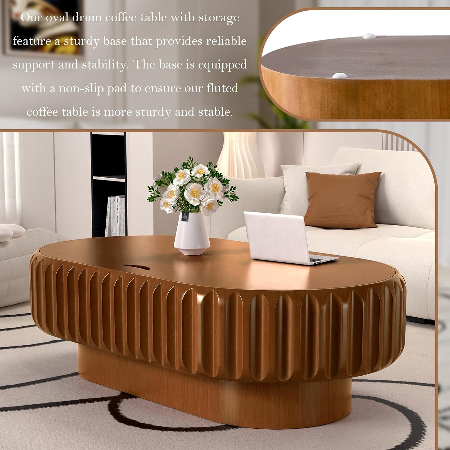 Chic Drum Coffee Table with Storage 43.3' Rustic Oval Center Table - Solid Wood Fluted Veneer Easy Assemble for Living Room Apartment (E 43.3in)