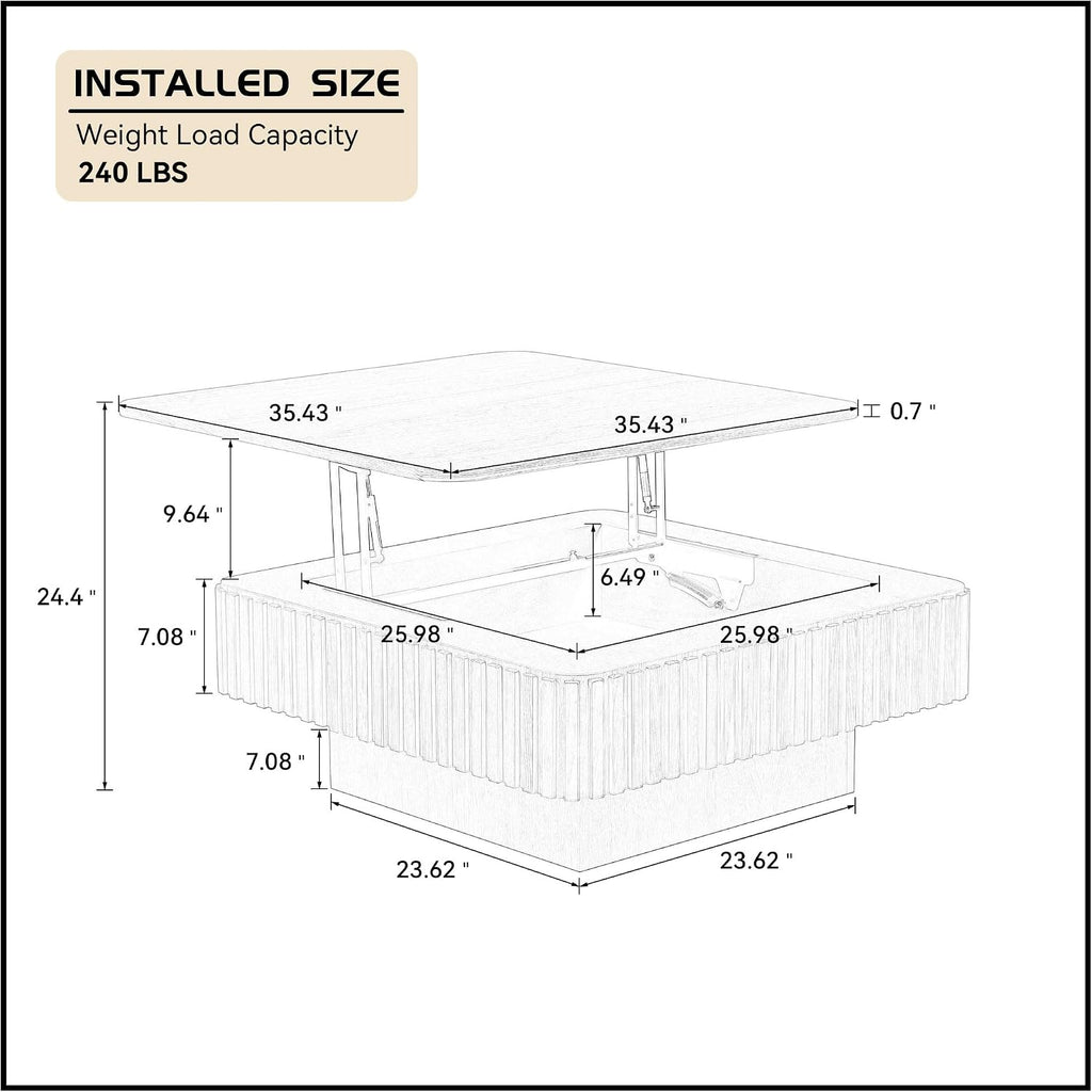 WILLIAMSPACE 35.43' Lift Top Coffee Table with Hidden Storage & Sturdy Base, Modern Luxury Square Wood Handcraft Drum Center Table Accent End Tea Table for Living Room, Minimalist Fluted Design, Oak