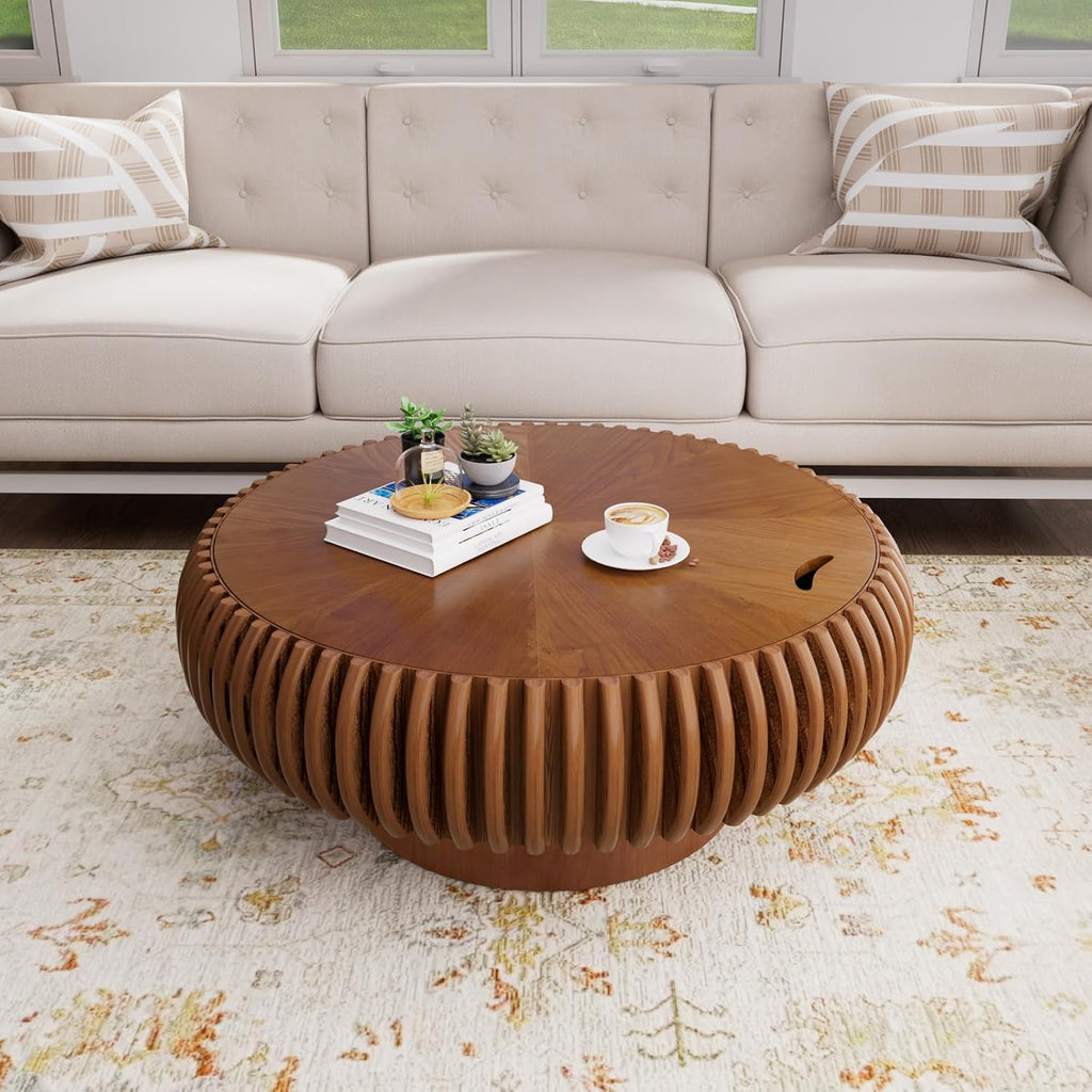 Round Fluted Coffee Table with Storage for Living Room, Modern Wooden Drum Coffee Table with Solid Wood Veneered, Circle Accent Tea Center Table for Small Space Apartmen (Brown, 31.5' with Storage)