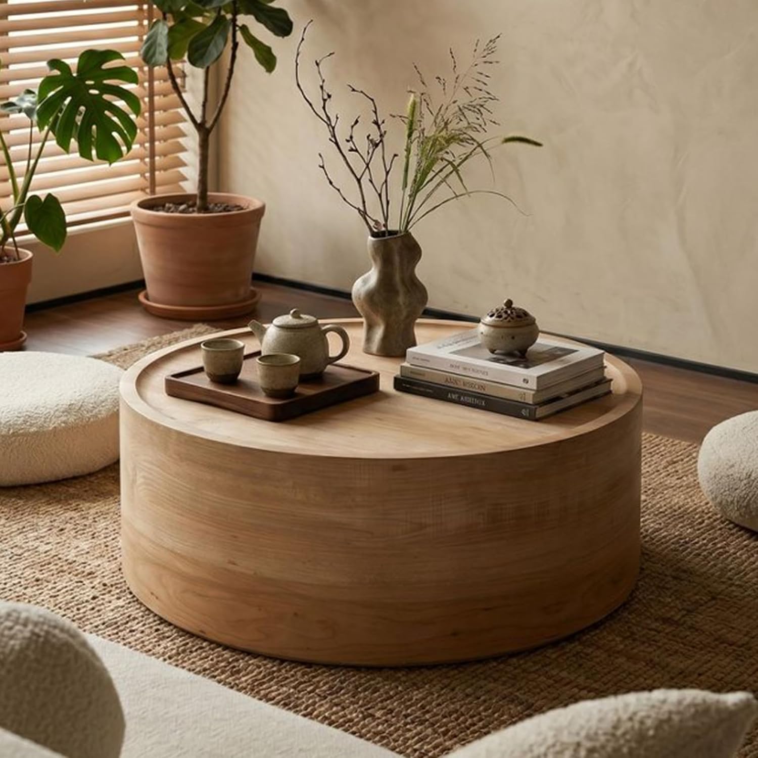 Modern Drum Coffee Table Natural Wood Color Coffee Tables Round Center Table for Living Room Home Office,31.5'- Fully Assembled