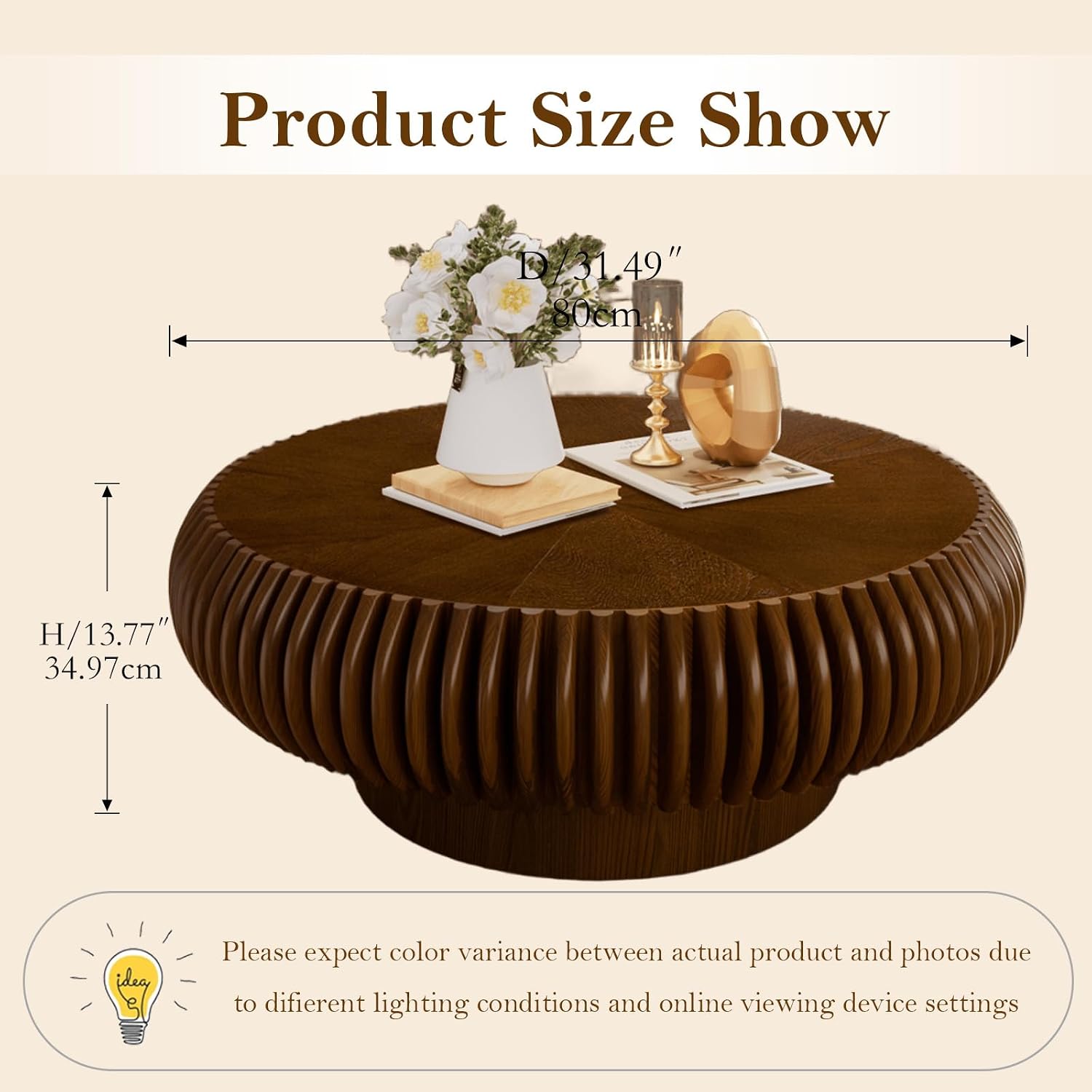 31.49' Round Fluted Coffee Table Unique Contemporary Wood Low Circle Drum Tea Tables with Sturdy Pedestal for Small Space (I Walnut 31.49in)