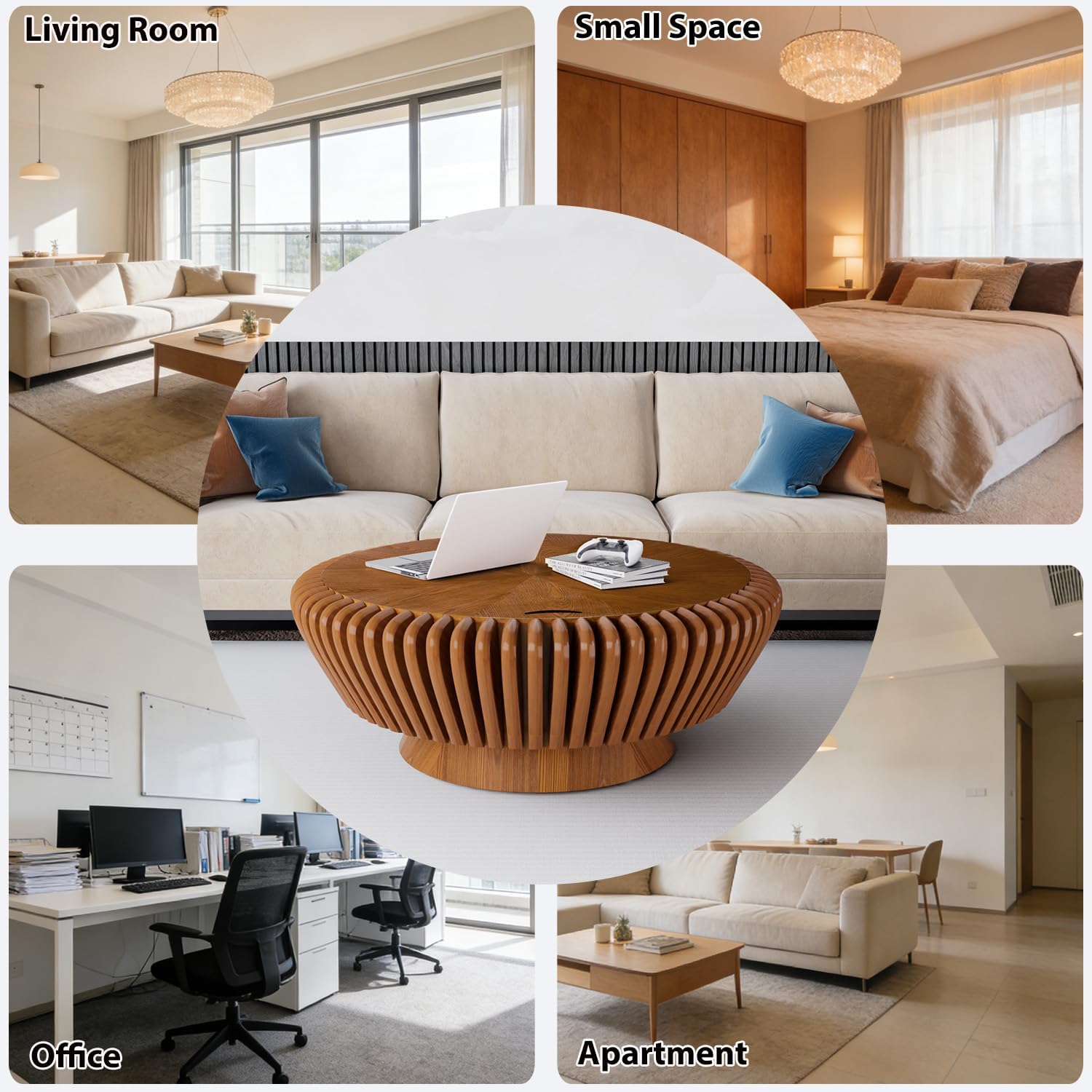 Modern Wood Fluted Round Coffee Table with Storage - Handcraft Drum Coffee Tables with Sturdy Base, Accent Center Table Small Circle Coffee Table for Living Room,Office, Apartment (Brown 35.4')