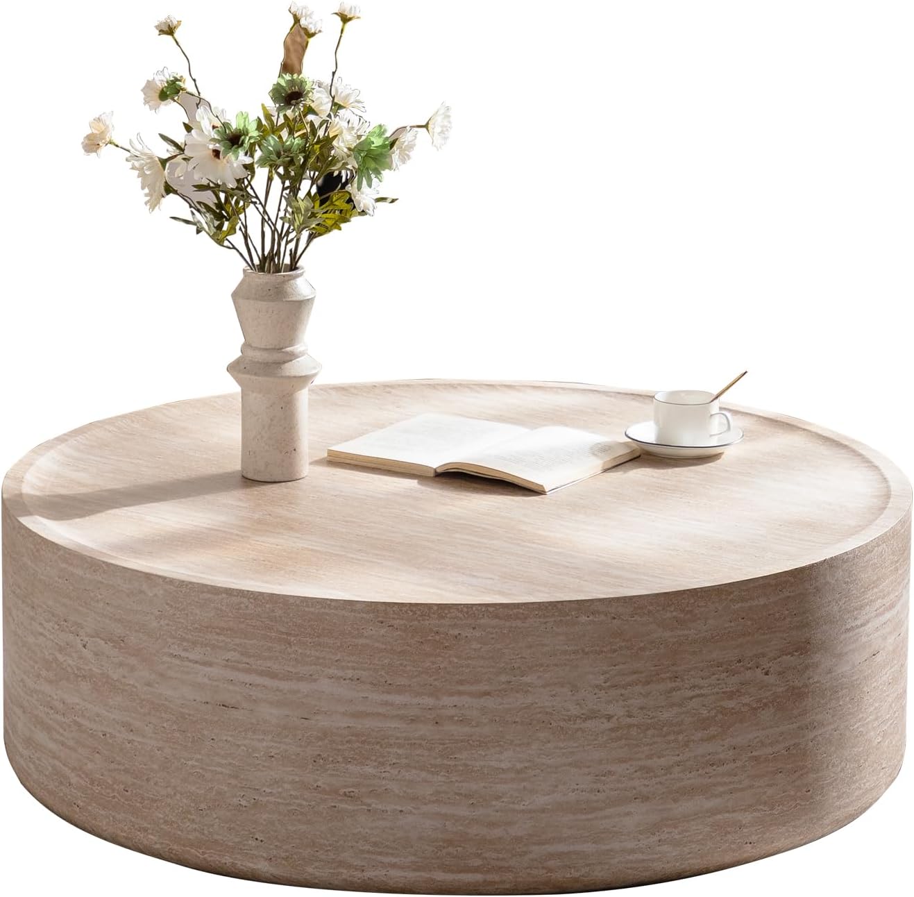 Faux Travertine Coffee Table for Living Room Modern Wood Drum Coffee Tables 39.37' Fully Assembled Round Center Table for Living Room Home Office