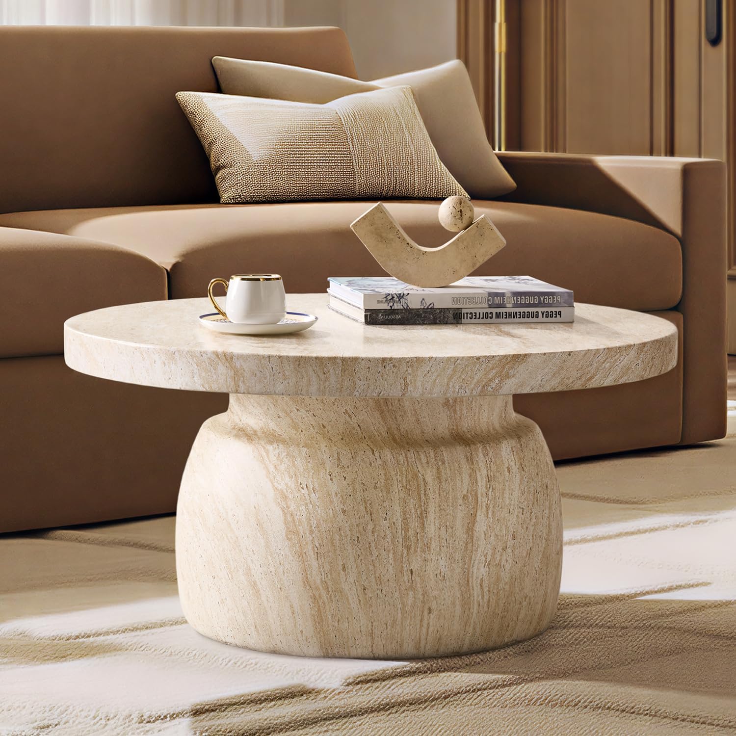 HULALA HOME Modern Marble Coffee Table, 31.5 Inch Round Coffee Table with Marble Concrete Base, for Living Room, with Tabletop, Easy Assembly, Natural