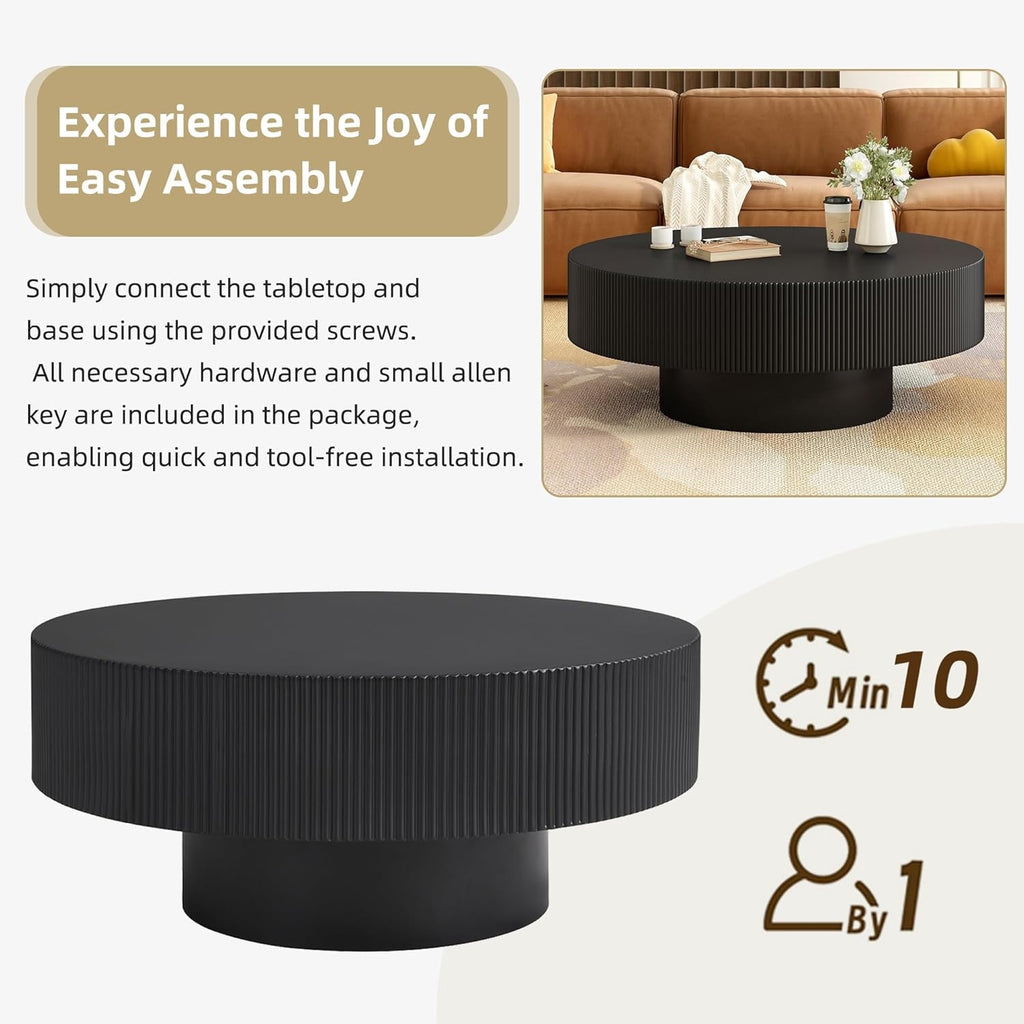 31.5'' Black Round Coffee Table Modern Wood Coffee Table for Living Room, Contemporary Circle Fluted Drum Pedestal Style, Easy Assembly, Black