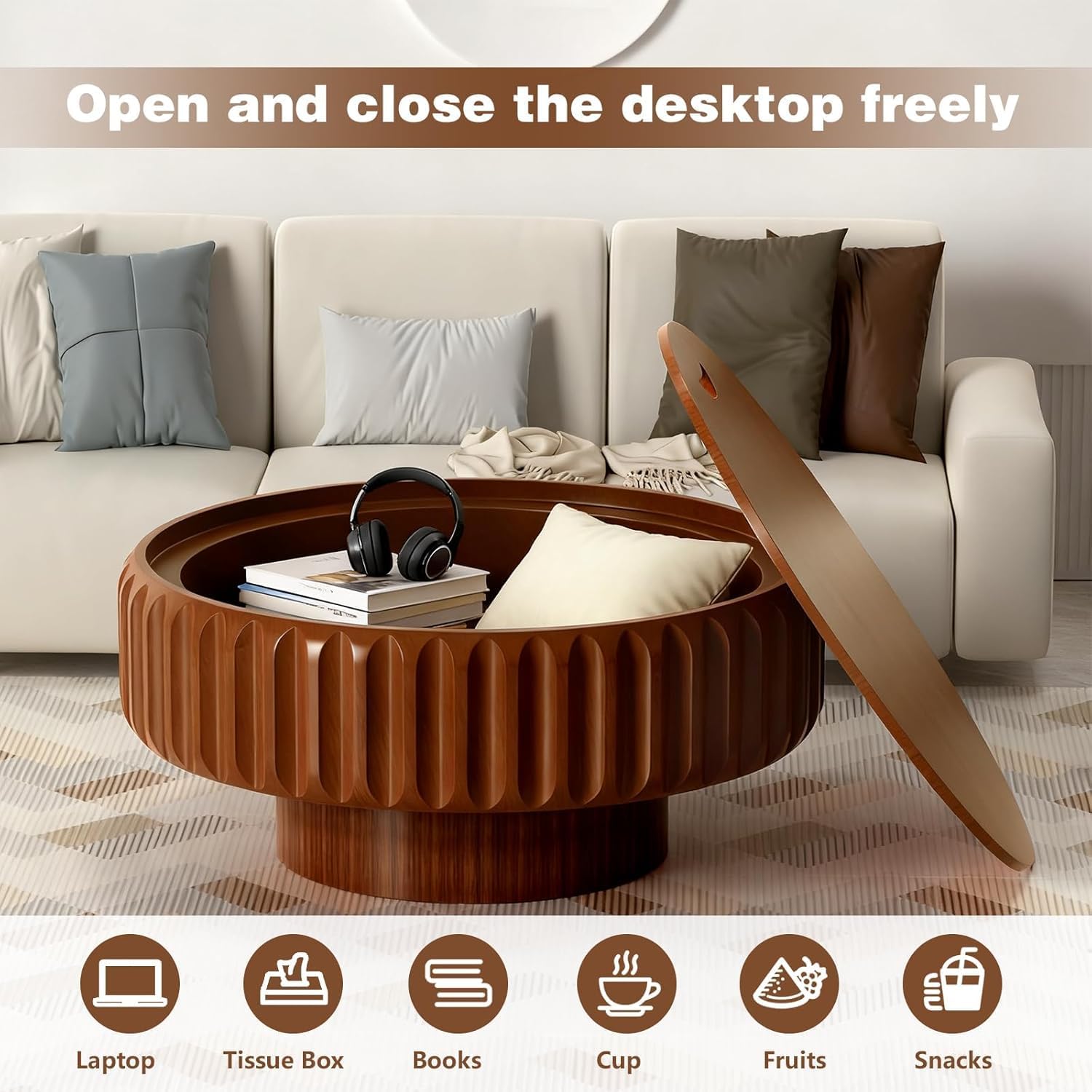 Round Drum Coffee Table White Fluted Coffee Table Circle Center Table Pedestal End Table for Apartment (Brown 39.4)