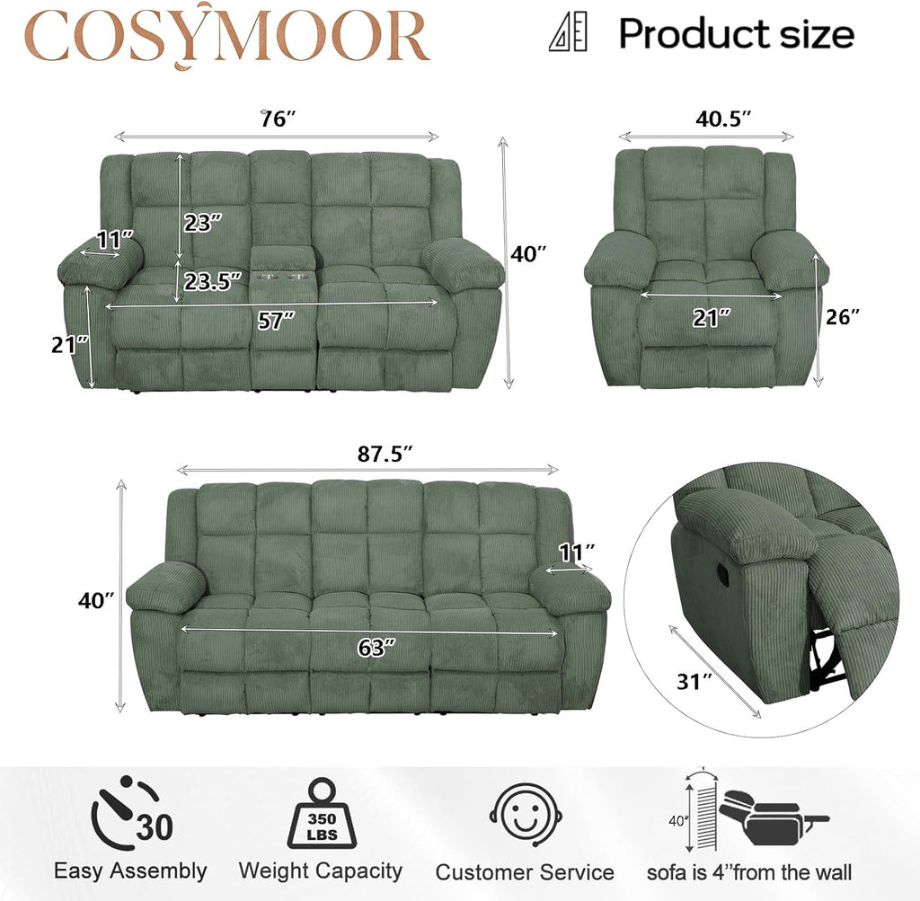 Manual Corduroy Sofa Set with Drop-Down Table, 2 Pieces Corduroy Recliner Sofa Sets, Living Room Furniture Sets, Recliner Loveseat with Storage Console/Cup Holder for Home/Office
