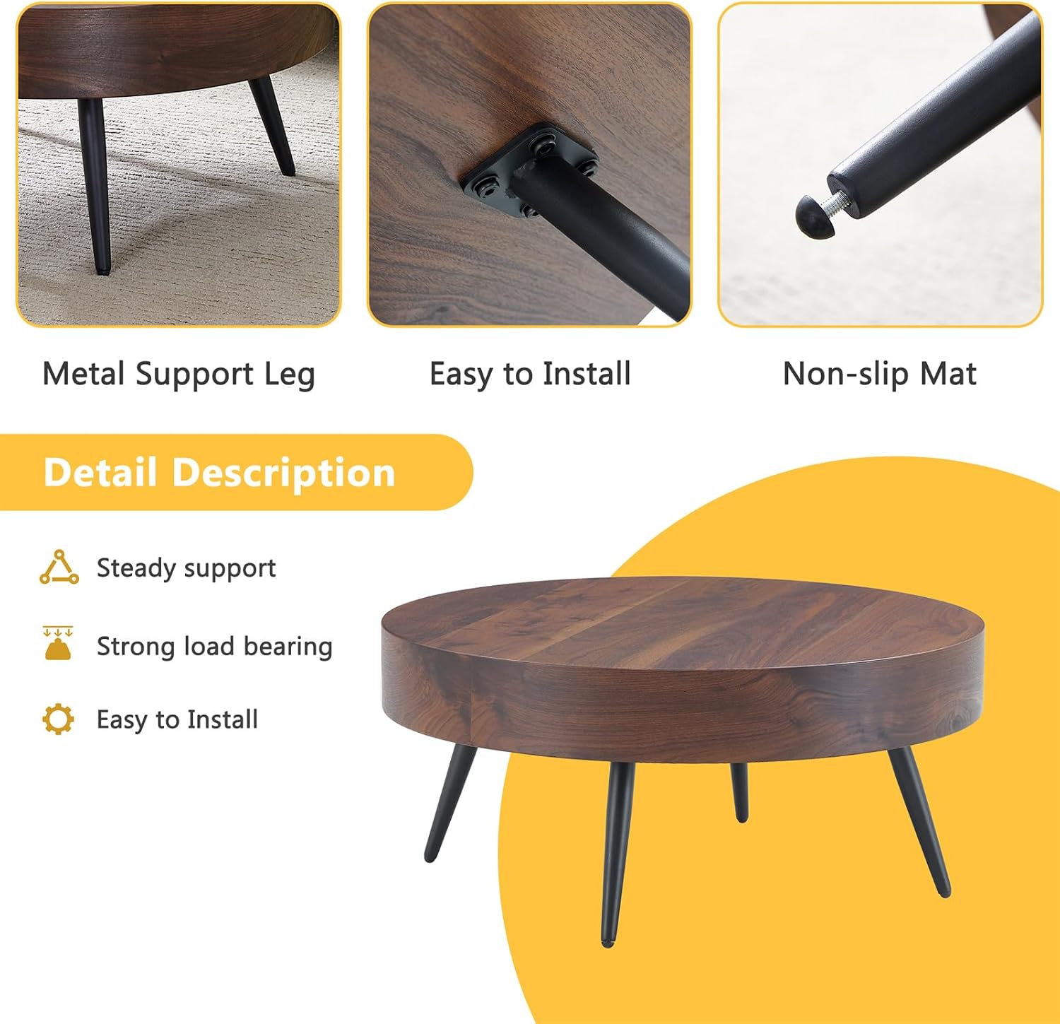 Round Coffee Table, Small Wood Coffee Table with Storage, Modern Mid Century Circle Tables Accent Center Tables for Living Room Apartment Small Space (31.5''D-Walnut)