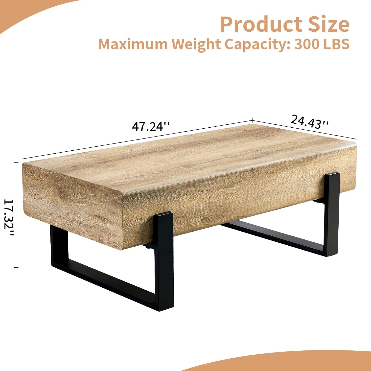 47.24' Rectangle Coffee Table, Wood Coffee Table Center Table with 7.8' Thick Tabletop Metal Legs Rounded Corners for Living Room Office, Natural Wood