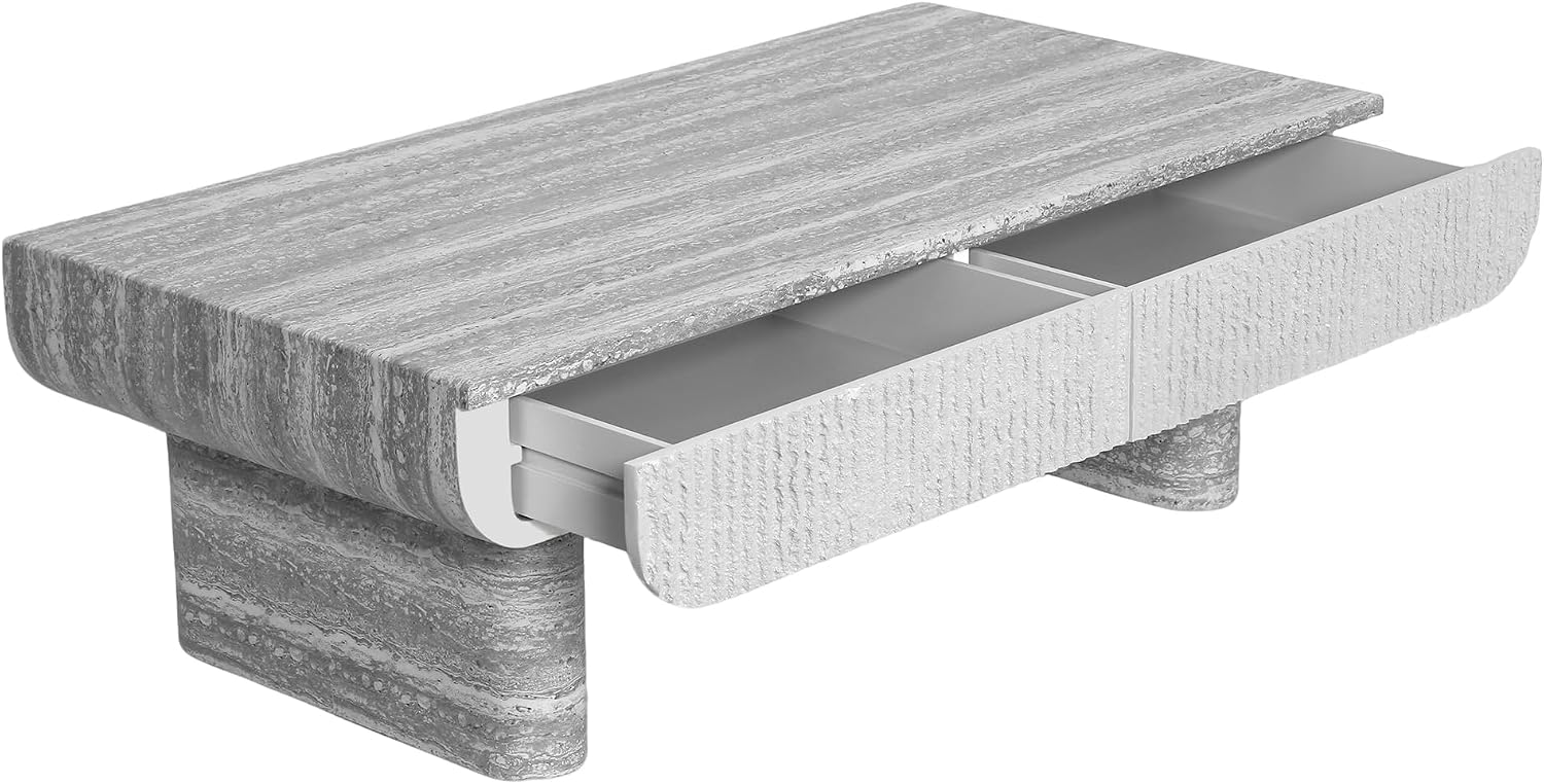 47' Grey Travertine Coffee Table with 2 Fluted Drawers,Modern Concrete Coffee Tables with Pedestal Legs for Living Room, Rectangular Coffee Center Tea Table with Storage for Apartment Bedroom