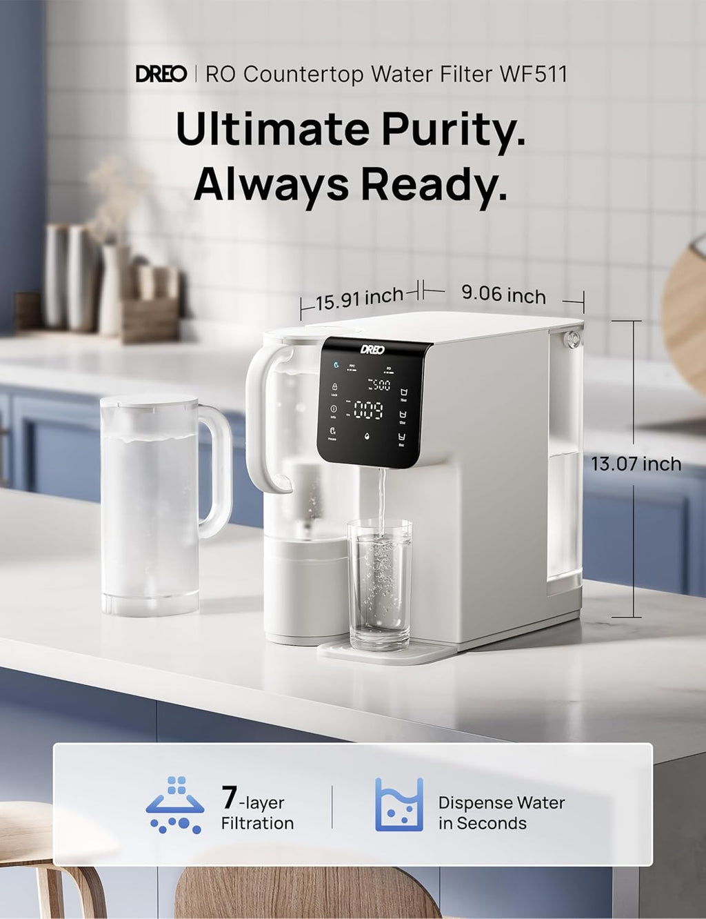 DREO Reverse Osmosis Water Filter Countertop, 7-Stage RO Water Filtration System, Installation-Free, Reduce TDS, Water Filter Pitcher for Home, Kitchen, 3:1 Pure to Drain, WF511