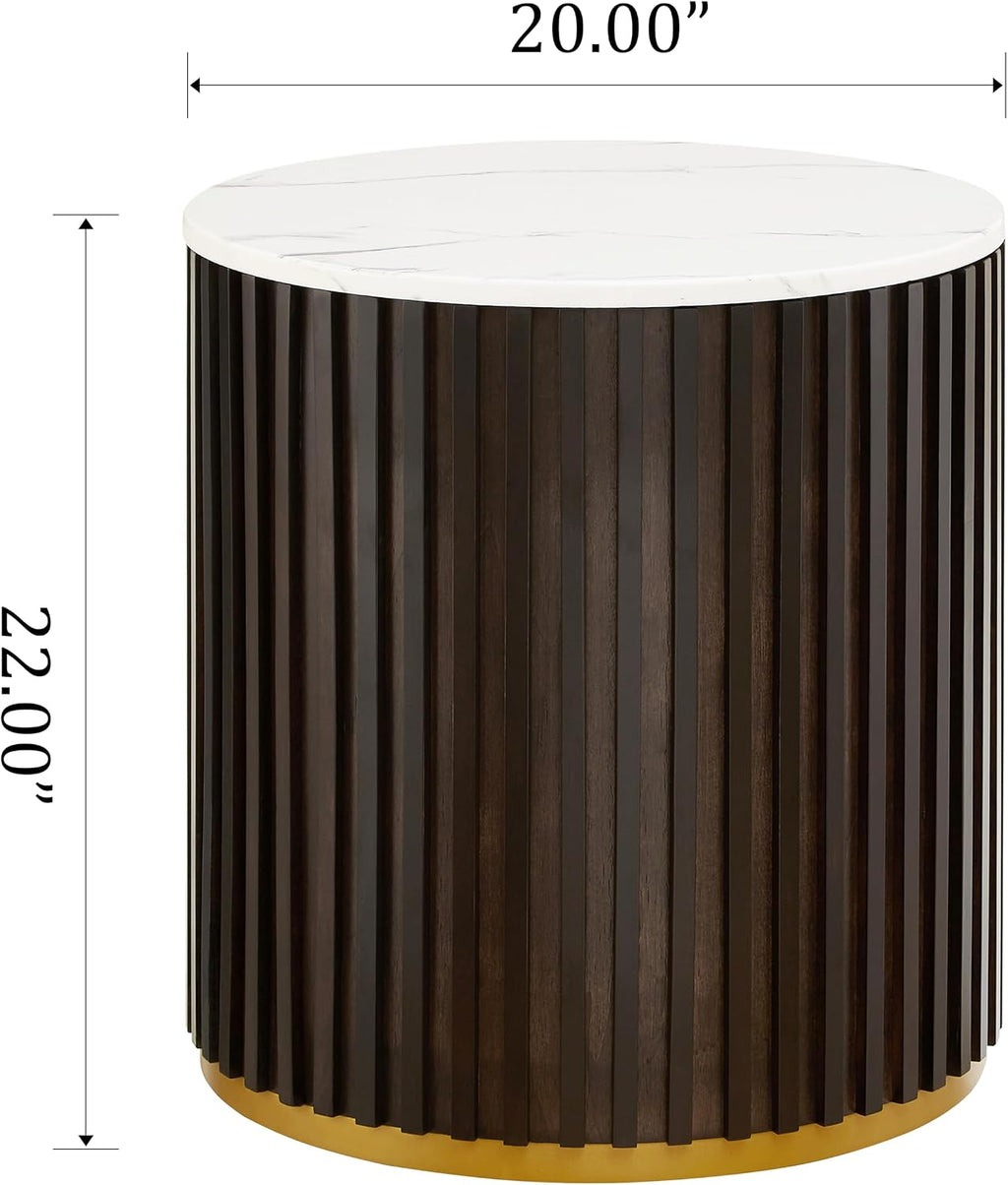 Round Wood End Table with Marble Lid ＆ Hidden Storage, Modern Handcraft Drum End Table, Circle Wooden Side Table for Apartment Living Room, No Need Assembly(Black Brown,20x20x22 in)
