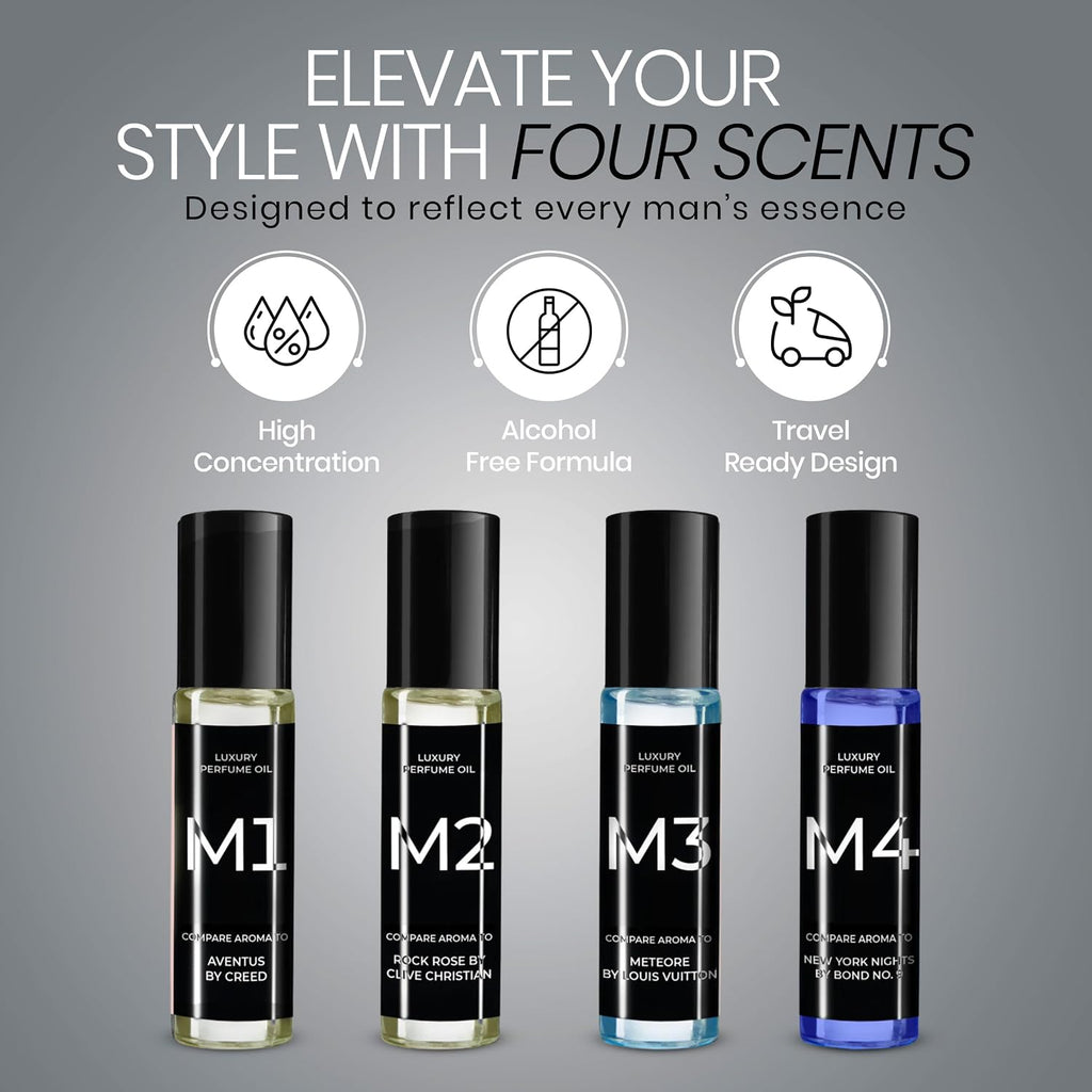 M Series Perfume Oil Gift Set for Men – Top 4 Iconic Roll-On Fragrance Oil Formulas Based on Iconic Luxury Scents - Luxury Long-Lasting Men's Cologne, Travel-Friendly 10ml Each