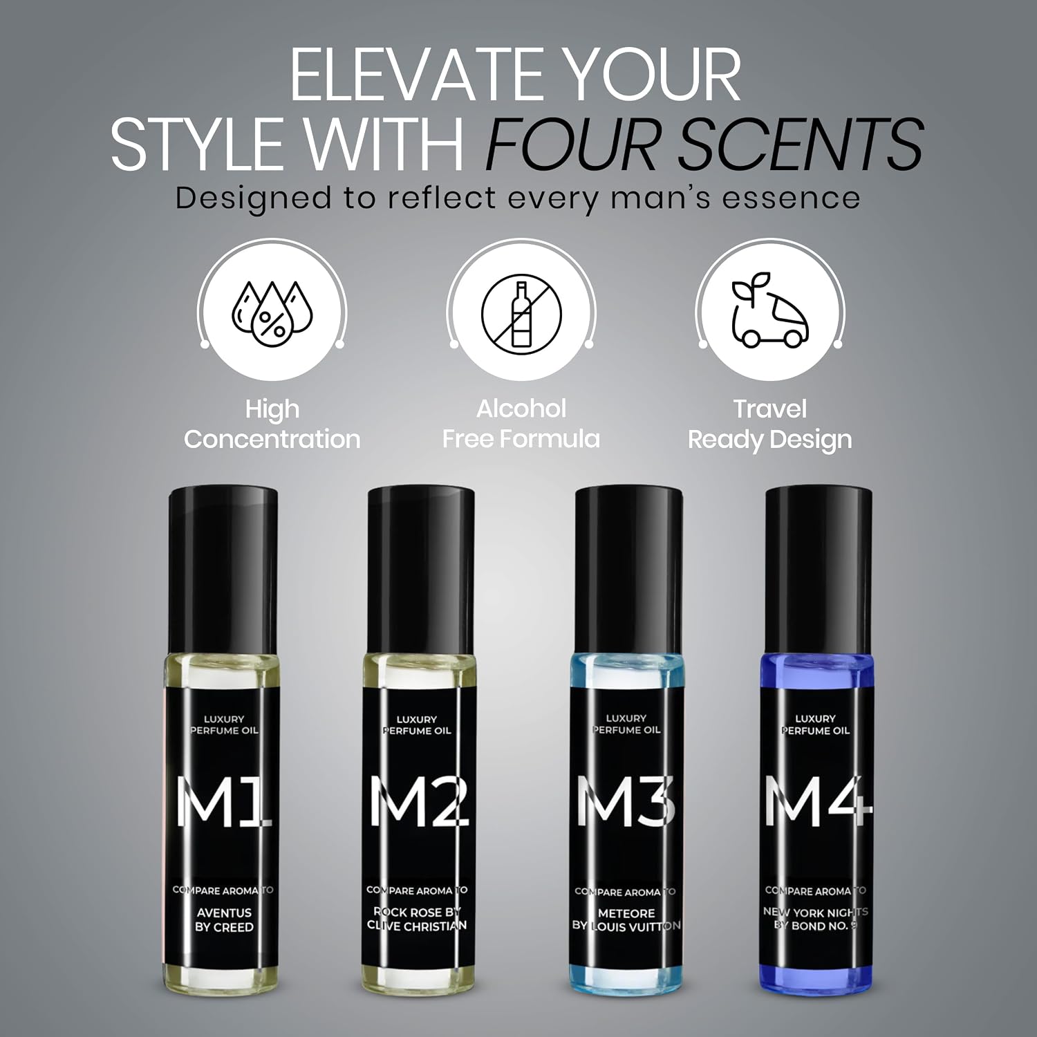 M Series Perfume Oil Gift Set for Men – Top 4 Iconic Roll-On Fragrance Oil Formulas Based on Iconic Luxury Scents - Luxury Long-Lasting Men's Cologne, Travel-Friendly 10ml Each