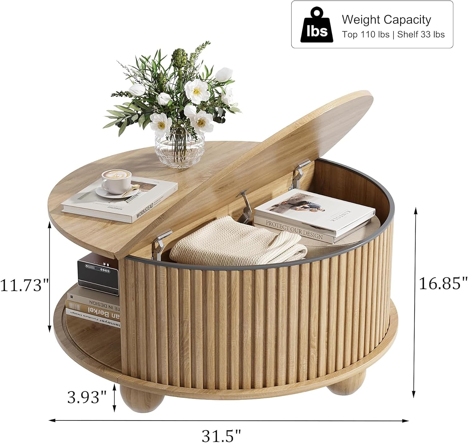 Round Coffee Table with Storage, Fluted Center Table with Sliding Tambour Door and Open Shelves, Mid Century Small Coffee Table for Living Room, Small Space, Natural