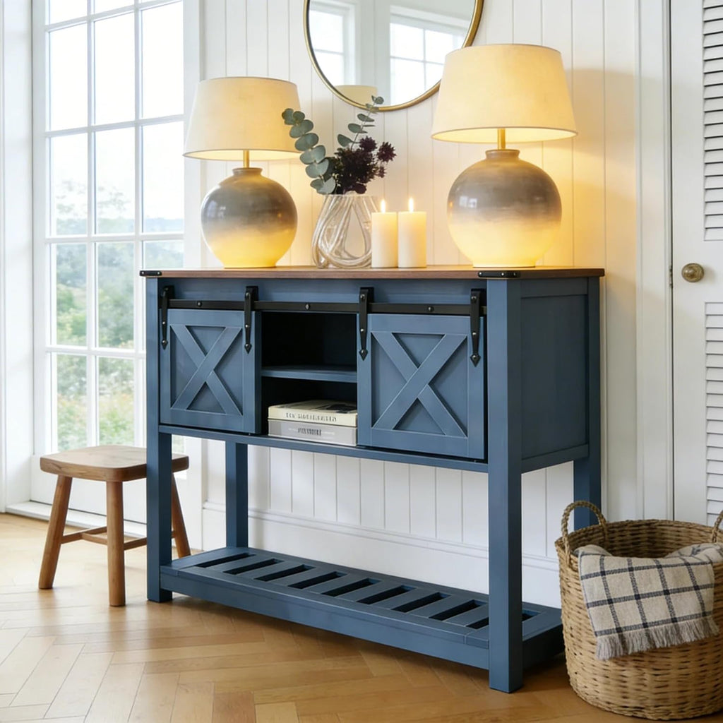 Entryway Table with Sliding Barn Doors, 43' Farmhouse Console Table with Storage Shelf, Behind Couch Sofa for Hallway, Entryway, Foyer, Navy Blue