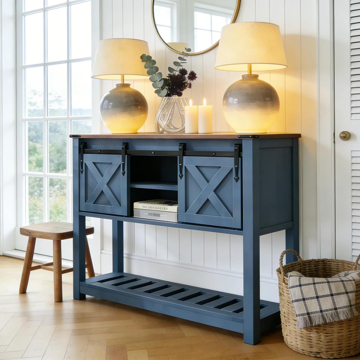 Entryway Table with Sliding Barn Doors, 43' Farmhouse Console Table with Storage Shelf, Behind Couch Sofa for Hallway, Entryway, Foyer, Navy Blue